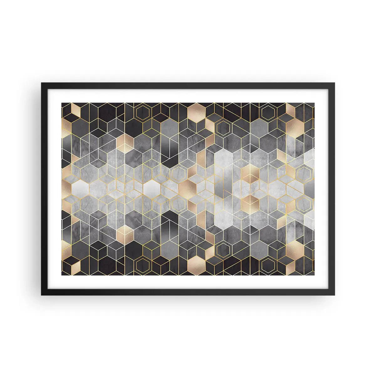 Poster in cornice nera - Motivo geometrico in tonalità dorate - 70x50cm - Composizione di diamante - Decorazione murale moderna per soggiorno e camera da letto ARTTOR