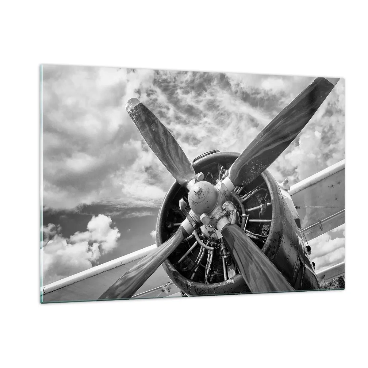 Quadro su vetro - Primo piano dell'elica di un aereo in bianco e nero. - 120x80cm - Il dominatore dell'aria - Decorazione murale moderna per soggiorno e camera da letto ARTTOR