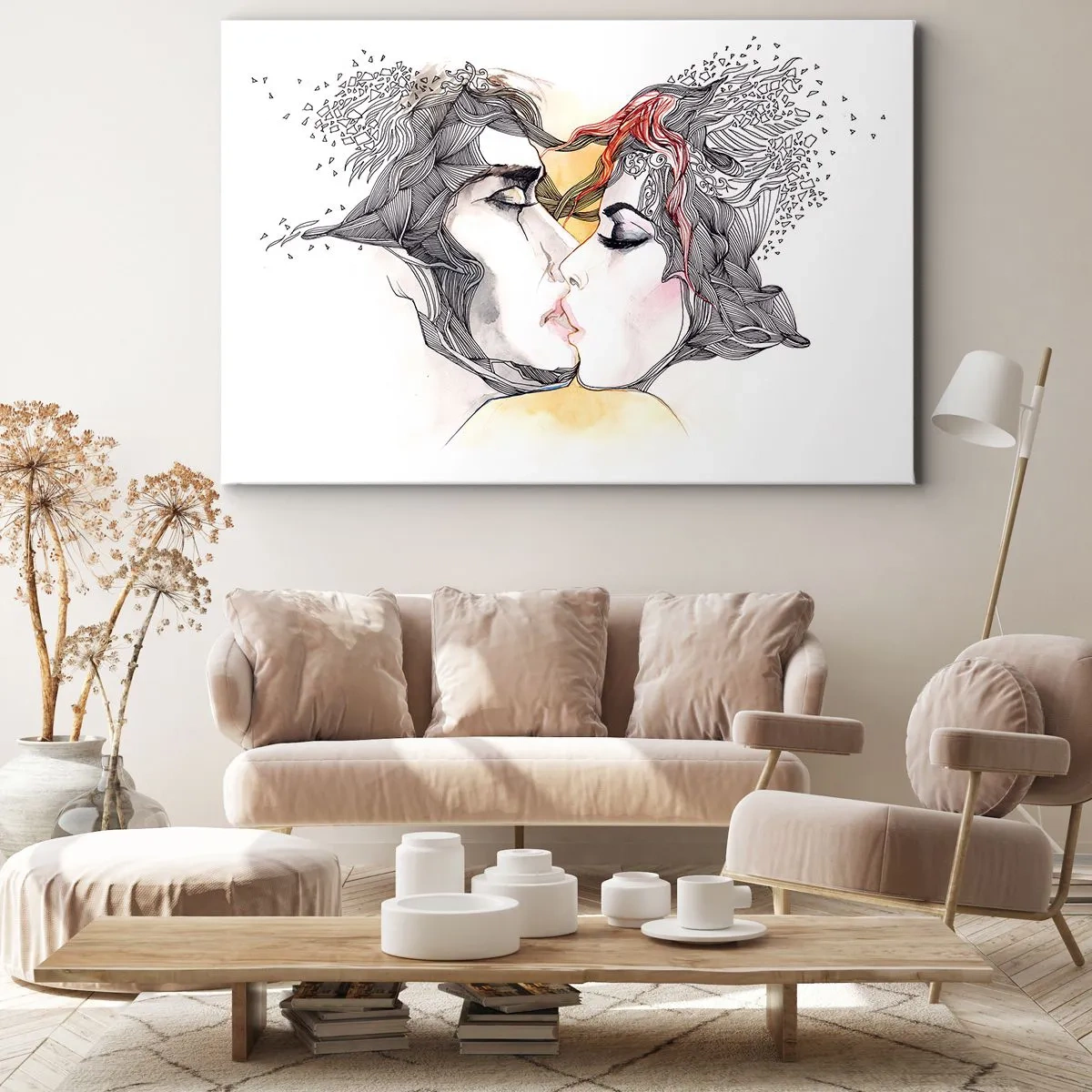 Quadro su tela - Stampe su Tela - Ritratto artistico di una coppia con motivi astratti sui capelli - 120x80cm - E il mondo scompare - Decorazione murale moderna per soggiorno e camera da letto ARTTOR