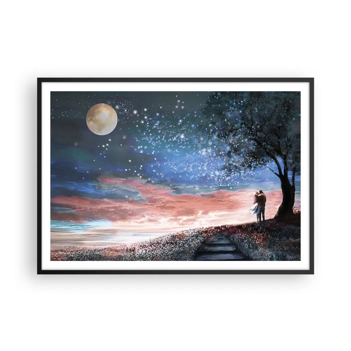 Poster in cornice nera - Scena romantica di coppia sotto la luna piena - 100x70cm - Lo spettacolo delle stelle - Decorazione murale moderna per soggiorno e camera da letto ARTTOR