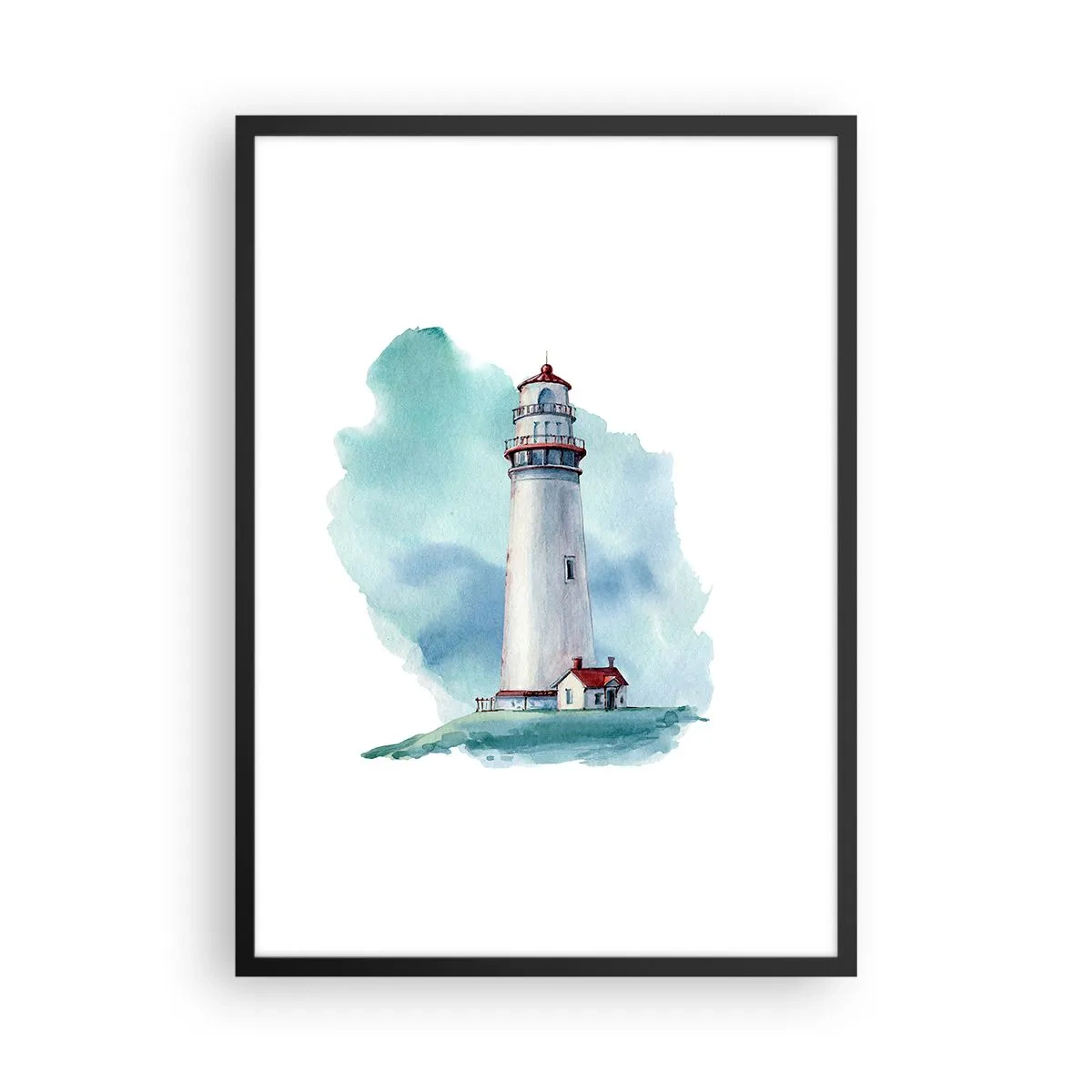 Poster in cornice nera - Illustrazione pittorica di un faro circondato da un cielo blu. - 50x70cm - Il mite amico del blu - Decorazione murale moderna per soggiorno e camera da letto ARTTOR