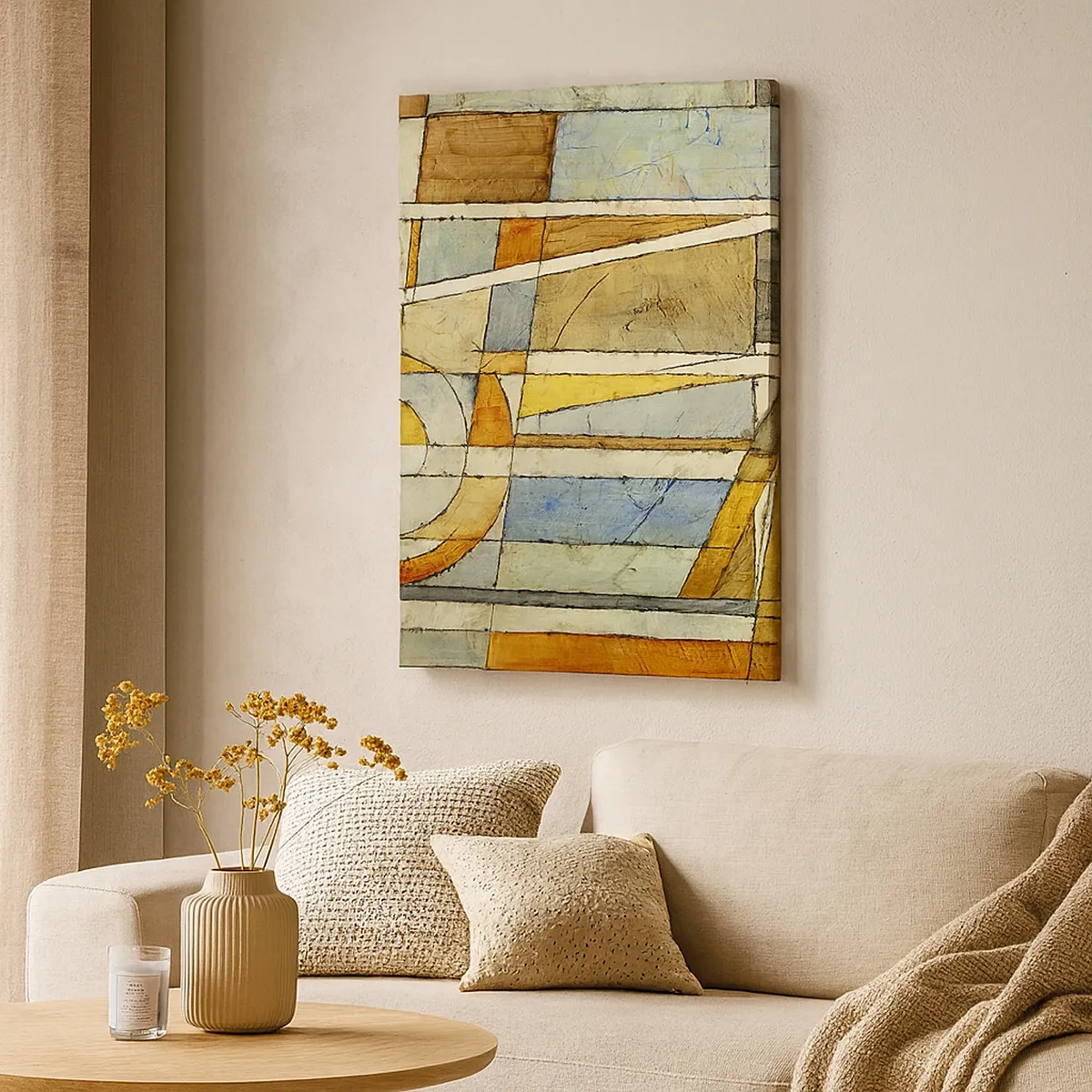 Quadro su tela - Stampe su Tela - Astrazione geometrica nei toni del beige, blu e arancione - 50x70cm - Cubismo in cantiere - Decorazione murale moderna per soggiorno e camera da letto ARTTOR