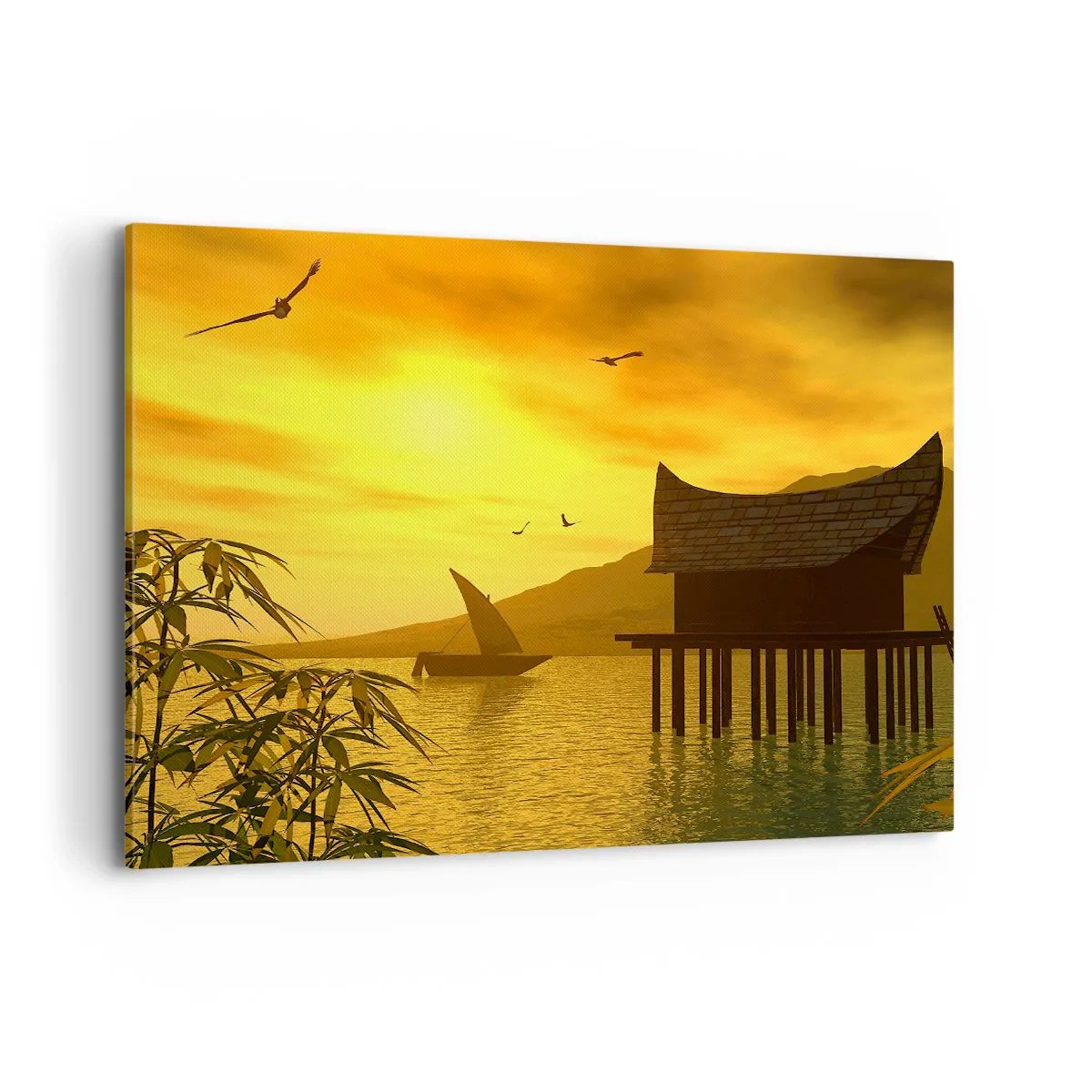 Quadro su tela - Stampe su Tela - Tramonto tropicale sull'acqua con casa in legno su palafitte. - 120x80cm - Calma desiderata - Decorazione murale moderna per soggiorno e camera da letto ARTTOR