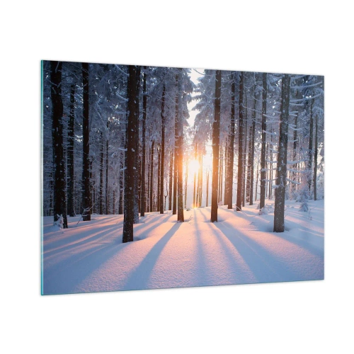 Quadro su vetro - Foresta invernale con raggi di sole che brillano attraverso gli alberi - 100x70cm - Decisamente nero su bianco - Decorazione murale moderna per soggiorno e camera da letto ARTTOR