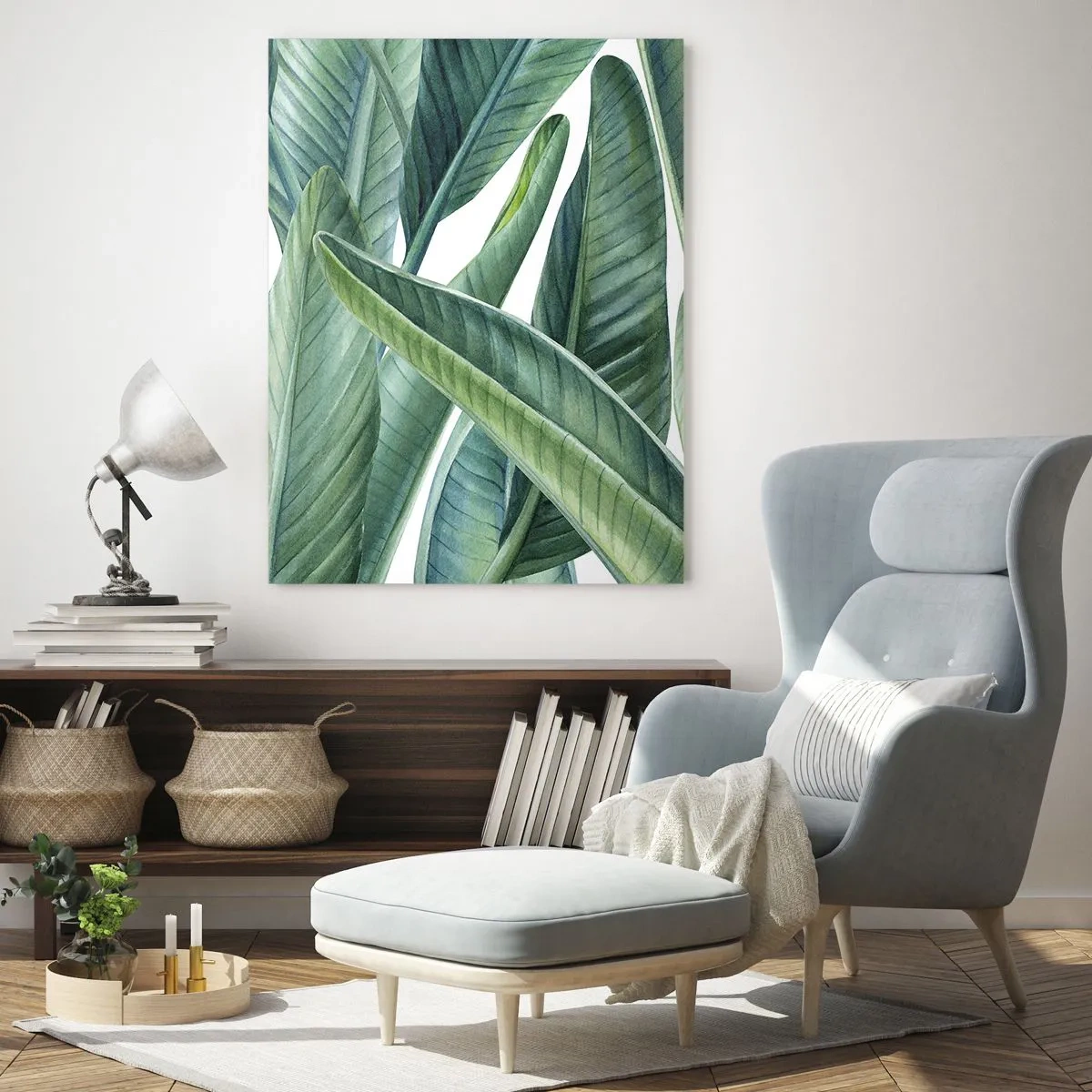Quadro su vetro - Foglie verdi in stile minimalista e botanico - 70x100cm - Il verde in sé - Decorazione murale moderna per soggiorno e camera da letto ARTTOR