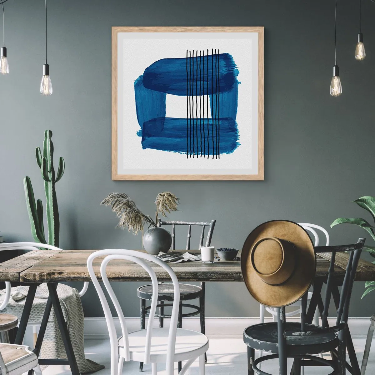 Poster in cornice rovere chiaro - Composizione blu e nera - 40x40 cm