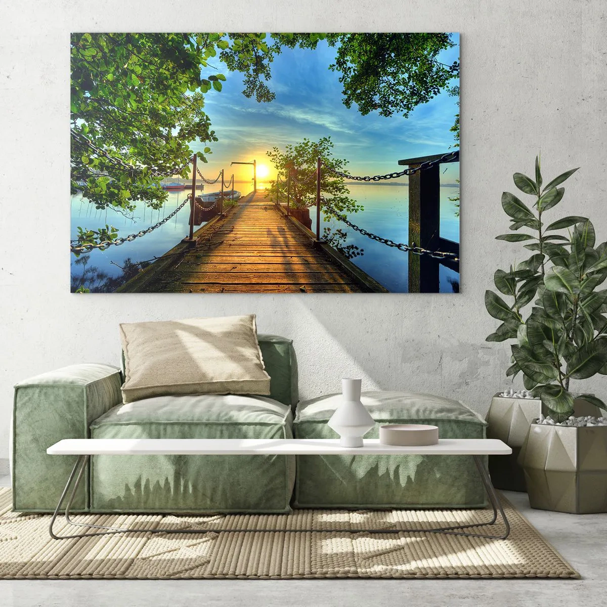 Quadro su vetro - Un molo con vista sul tramonto sul lago - 120x80cm - Tramonto sul lago - Decorazione murale moderna per soggiorno e camera da letto ARTTOR