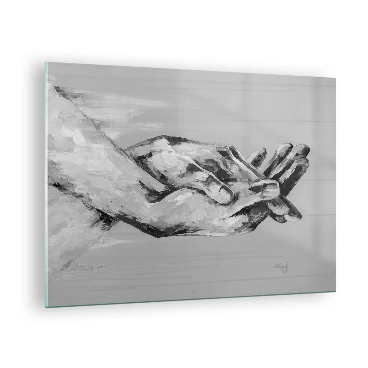 Quadro su vetro - Dipinto in bianco e nero di due mani che si cercano - 70x50cm - Inizio... - Decorazione murale moderna per soggiorno e camera da letto ARTTOR