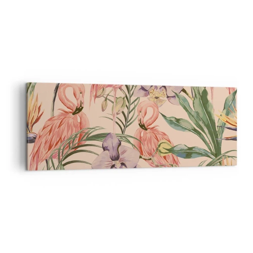 Quadro su tela - Stampe su Tela - Fenicotteri e fiori tropicali su uno sfondo chiaro - 140x50cm - Un ballo rosa nei fiori - Decorazione murale moderna per soggiorno e camera da letto ARTTOR