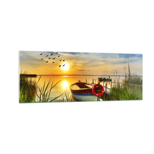 Quadro su vetro - Una barca sulla riva di un lago al tramonto - 140x50cm - I cormorano volano già via - Decorazione murale moderna per soggiorno e camera da letto ARTTOR