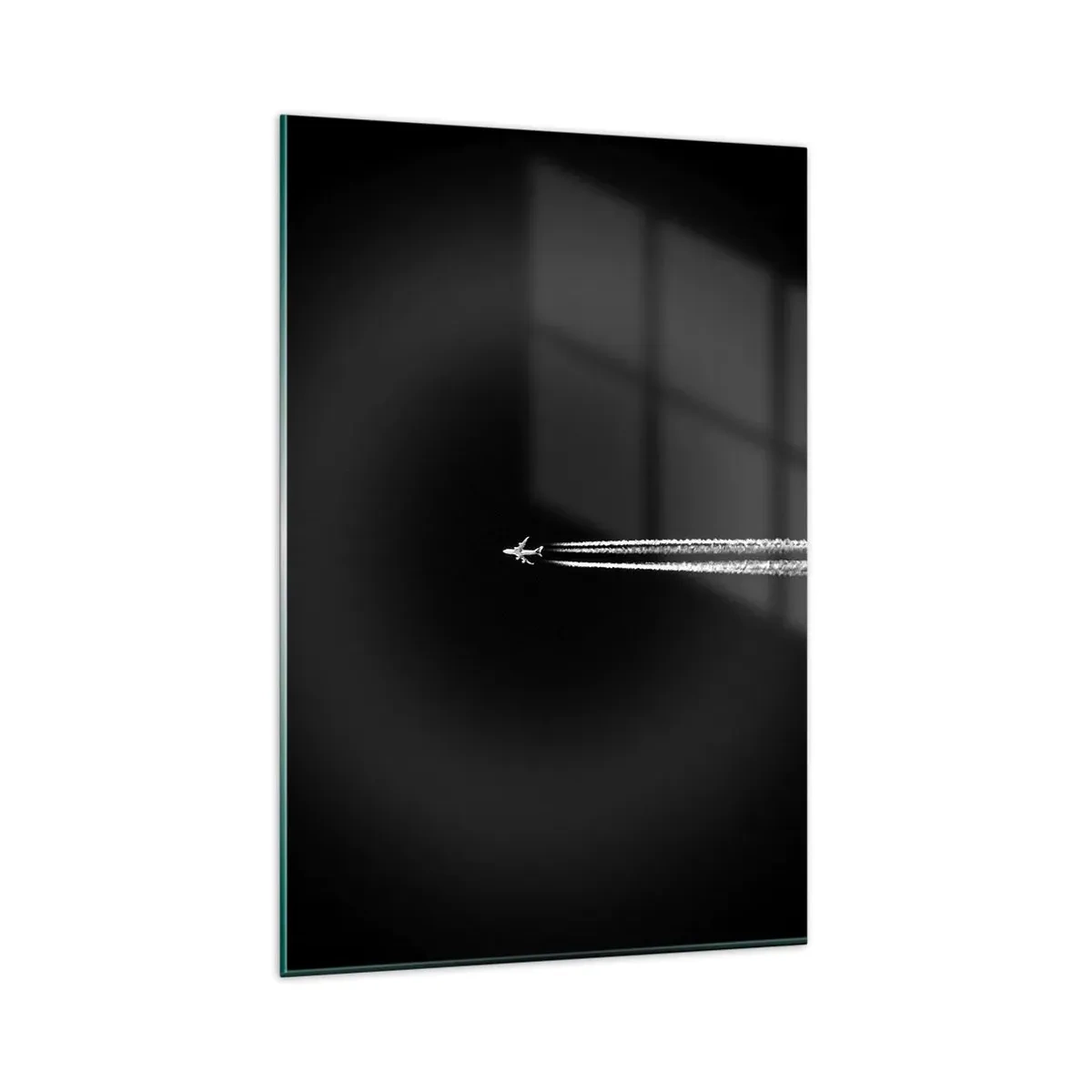 Quadro su vetro - Un aereo a reazione con una scia di condensazione visibile su uno sfondo nero - 80x120cm - In un'altra dimensione - Decorazione murale moderna per soggiorno e camera da letto ARTTOR