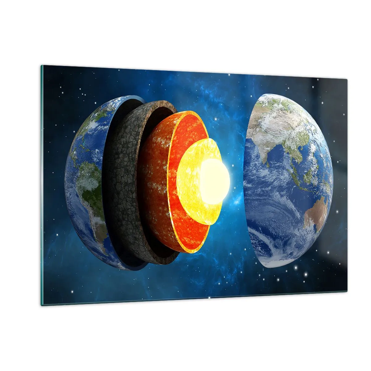 Quadro su vetro - Una sezione trasversale della Terra che mostra i suoi strati sullo sfondo dello spazio. - 120x80cm - Viaggio al centro della terra - Decorazione murale moderna per soggiorno e camera da letto ARTTOR