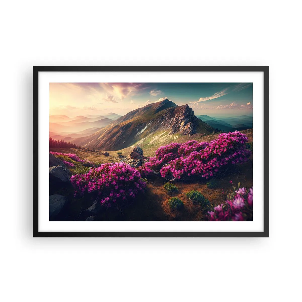 Poster in cornice nera - Paesaggio montano con rododendri in fiore - 70x50cm - L'estate sui monti - Decorazione murale moderna per soggiorno e camera da letto ARTTOR