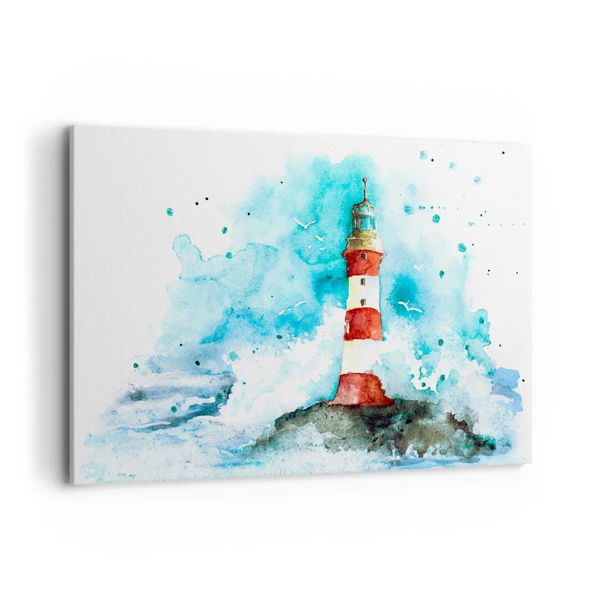 Quadro su tela - Stampe su Tela - Un faro in un ambiente acquerello con uno sfondo blu - 120x80cm - L'unità dei quattro elementi - Decorazione murale moderna per soggiorno e camera da letto ARTTOR