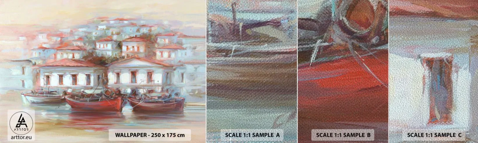 Campione di Fotomurale Premium Sand - Cittadina felice - Architettura, Barca a vela, Porto - 100x30 cm