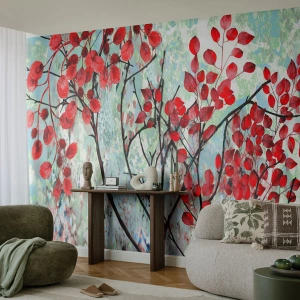 Fotomurali Standard Eco - Rami astratti con foglie rosse su uno sfondo chiaro - 100x70cm - Albero in scarlatto - Decorazione murale moderna per soggiorno e camera da letto ARTTOR