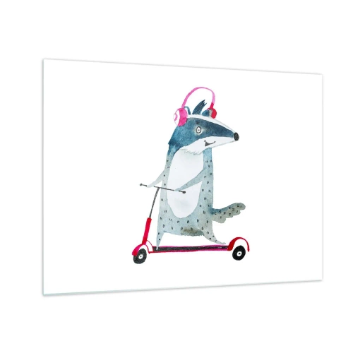 Quadro su vetro - Tasso con le cuffie su uno scooter per acquerelli - 70x50cm - Tassi di gioia - Decorazione murale moderna per soggiorno e camera da letto ARTTOR