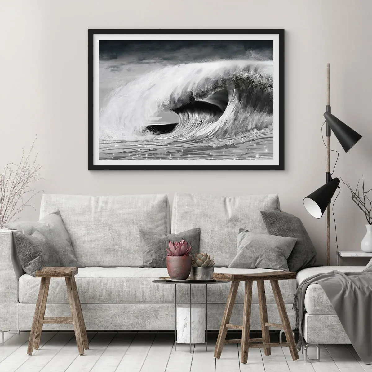 Poster in cornice nera - Onda oceanica spettacolare in monocromia - 70x50cm - La furia dell'oceano - Decorazione murale moderna per soggiorno e camera da letto ARTTOR