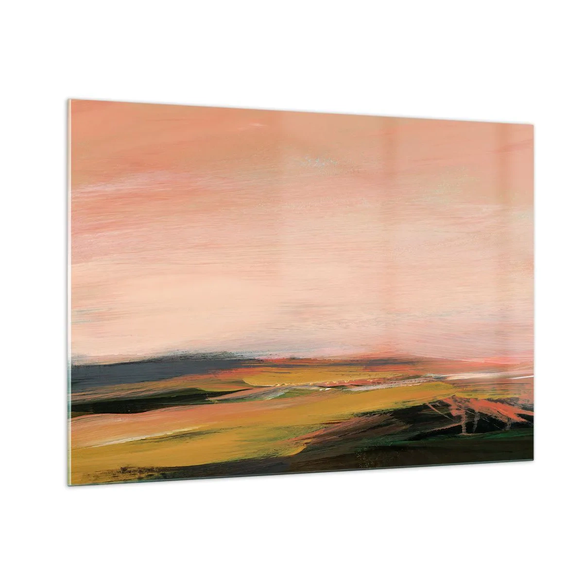 Quadro su vetro - Un paesaggio astratto nelle tonalità del rosa e del verde sporco. - 100x70cm - In tonalità di rosa - Decorazione murale moderna per soggiorno e camera da letto ARTTOR