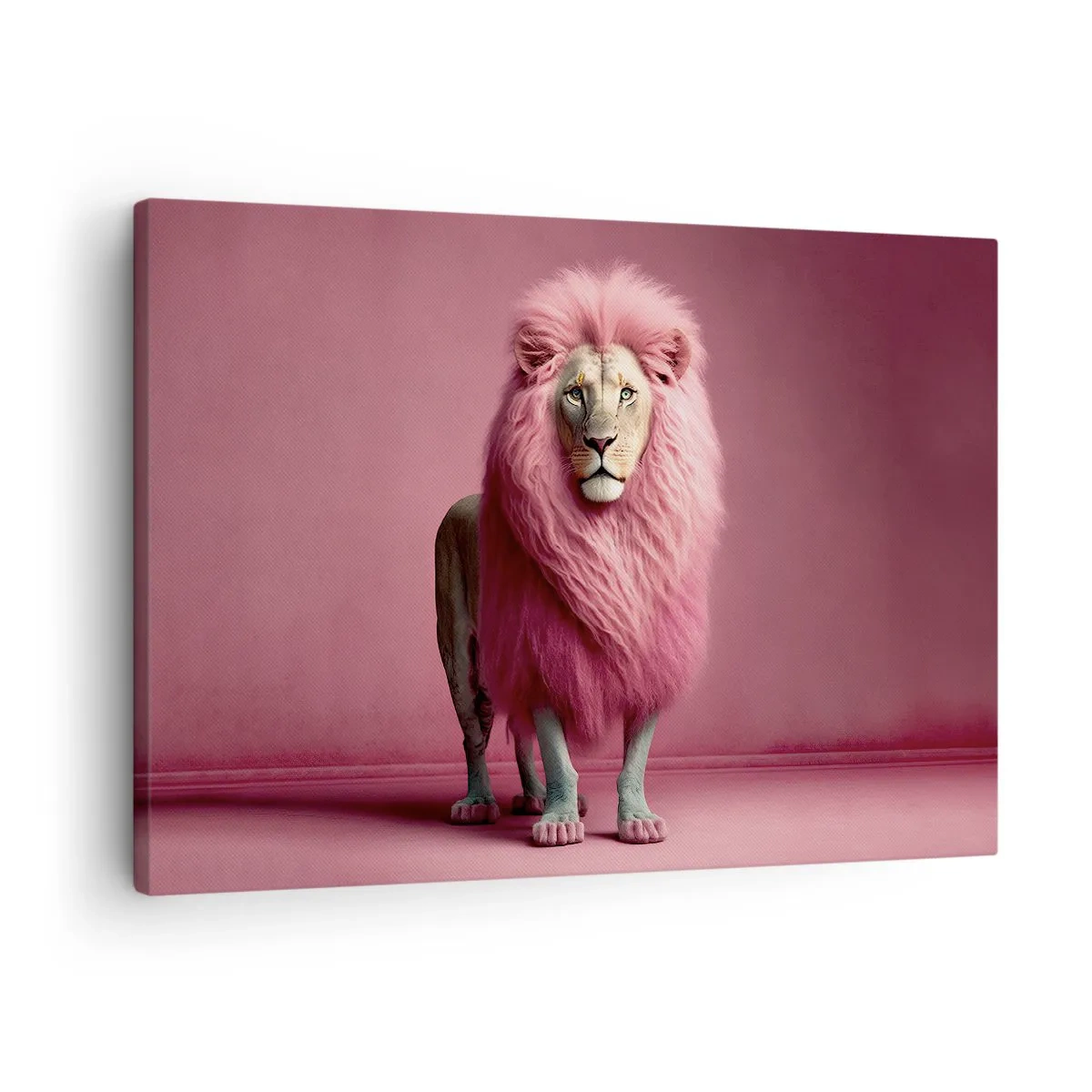Quadro su tela - Stampe su Tela - Un leone artisticamente raffigurato con una criniera rosa su uno sfondo rosa - 70x50cm - E non mette più paura - Decorazione murale moderna per soggiorno e camera da letto ARTTOR