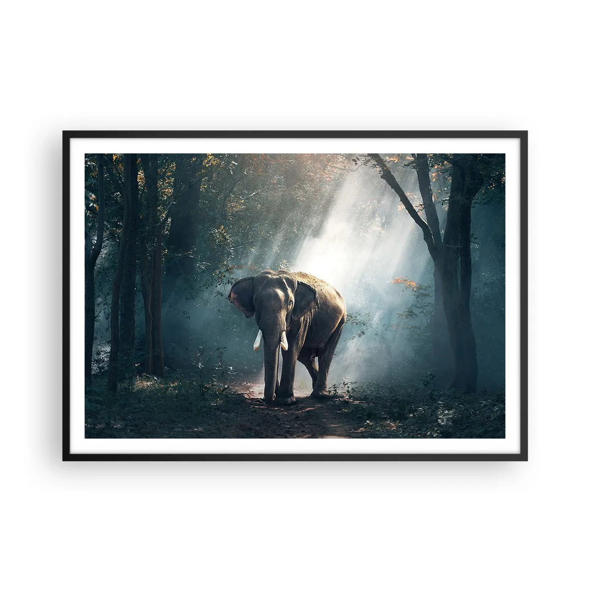 Poster in cornice nera - Elefante nella luce della foresta - 100x70cm - Tranquilla passeggiata - Decorazione murale moderna per soggiorno e camera da letto ARTTOR