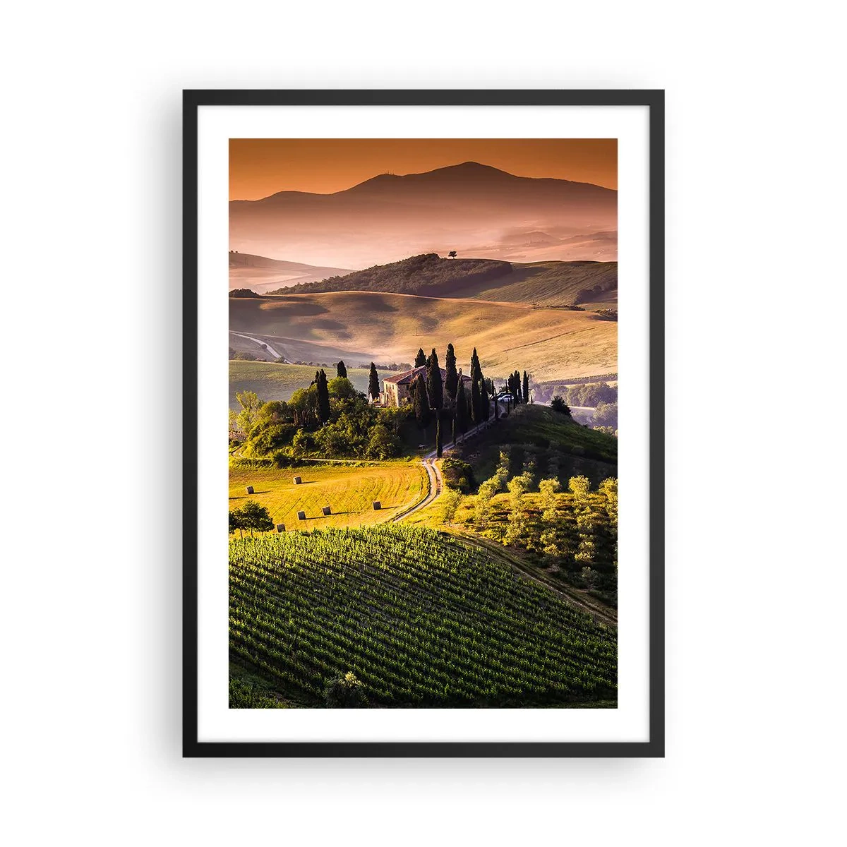 Poster in cornice nera - Paesaggio toscano con vigneti al tramonto - 50x70cm - Arcadia: paesaggio toscano - Decorazione murale moderna per soggiorno e camera da letto ARTTOR