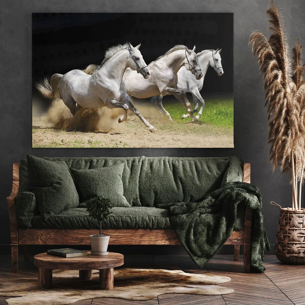 Quadro su tela - Stampe su Tela - Tre cavalli bianchi al galoppo sulla sabbia e sull'erba - 70x50cm - Tre Grazie - Decorazione murale moderna per soggiorno e camera da letto ARTTOR