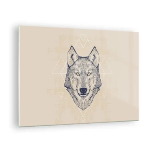 Quadro su vetro - Testa di lupo su uno sfondo di motivi geometrici - 70x50cm - Alfa dallo sguardo penetrante - Decorazione murale moderna per soggiorno e camera da letto ARTTOR