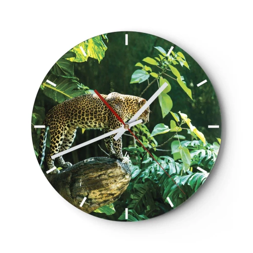 Orologio da parete - Orologio in Vetro - Leopardo nella giungla su uno sfondo di foglie verdi - 30x30cm - A caccia? - Decorazione murale moderna per soggiorno, cucina e camera da letto ARTTOR