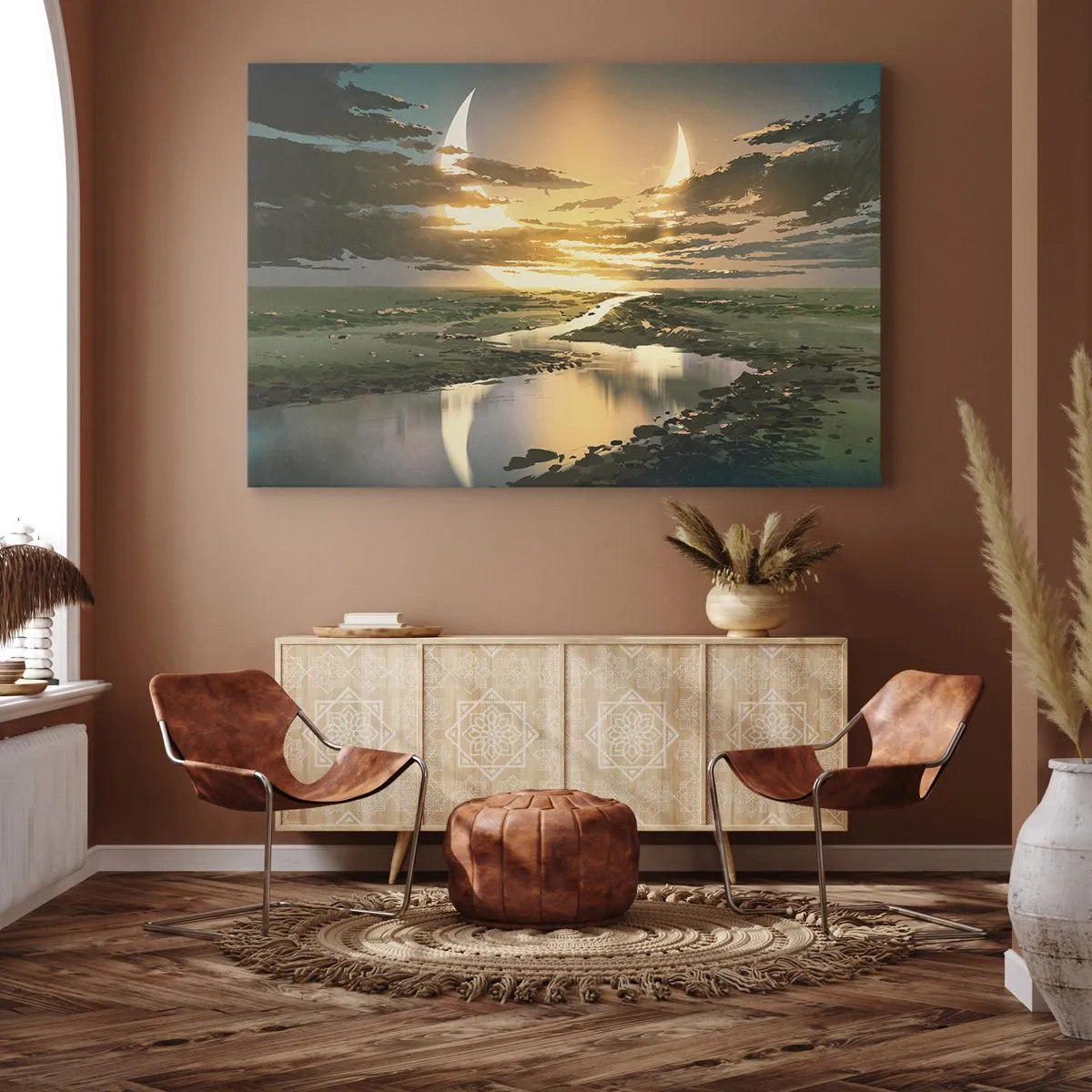 Quadro su tela - Stampe su Tela - Un paesaggio fantastico con due lune all'orizzonte - 120x80cm - Da qualche parte in una galassia lontana - Decorazione murale moderna per soggiorno e camera da letto ARTTOR