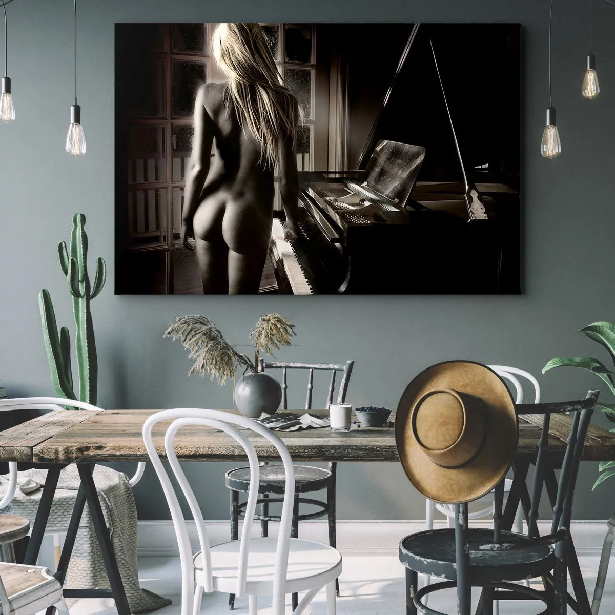 Quadro su tela - Stampe su Tela - Nudo femminile al pianoforte in stile bianco e nero - 120x80cm - La perfetta armonia della sera - Decorazione murale moderna per soggiorno e camera da letto ARTTOR