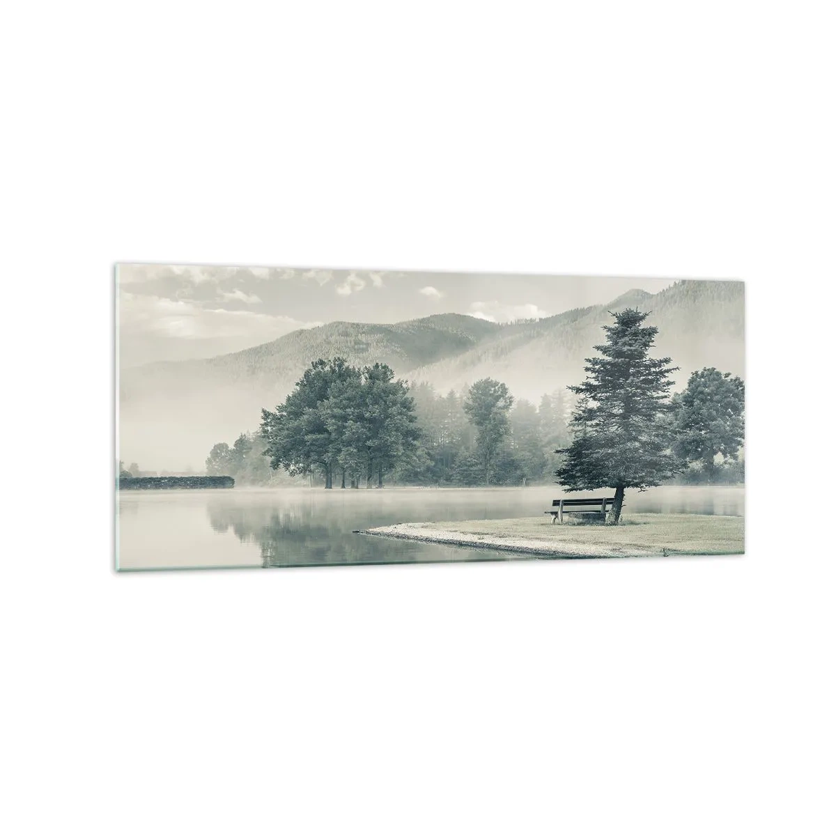 Quadro su vetro - Un pittoresco lago con una panchina e la nebbia sullo sfondo - 120x50cm - Il lago dorme ancora - Decorazione murale moderna per soggiorno e camera da letto ARTTOR