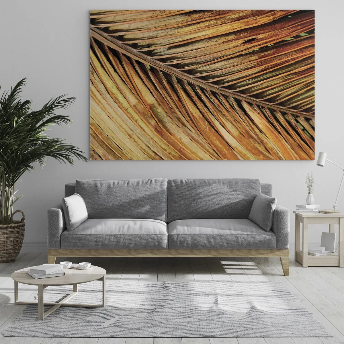 Quadro su vetro - Primo piano di foglie di palma secche e dorate - 100x70cm - Oro di cocco - Decorazione murale moderna per soggiorno e camera da letto ARTTOR
