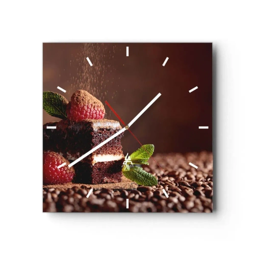 Orologio da parete - Orologio in Vetro - Torta al cioccolato con lamponi e menta su uno sfondo di fave di cacao - 30x30cm - La vita è dolce - Decorazione murale moderna per soggiorno e camera da letto ARTTOR
