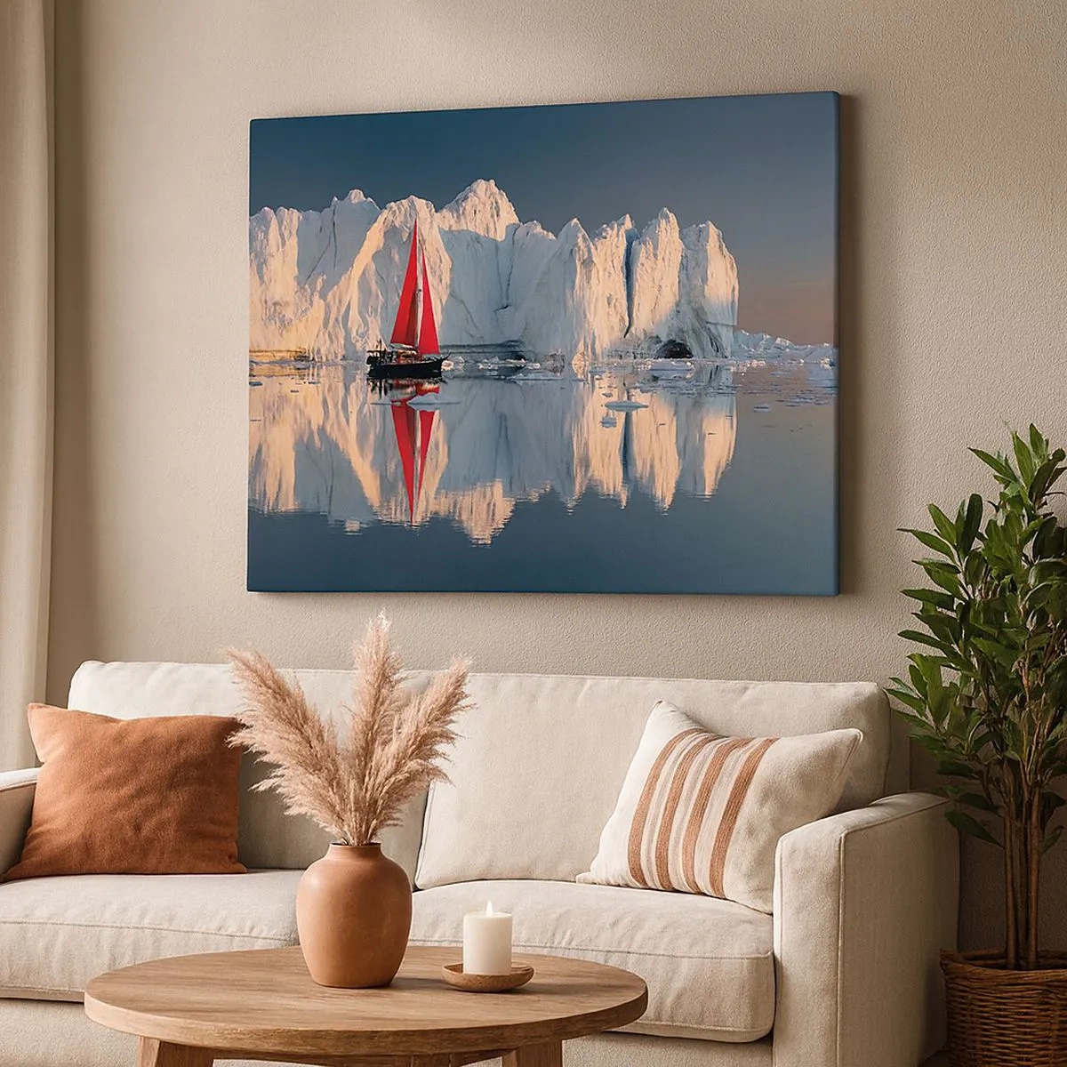 Quadro su tela - Stampe su Tela - Una barca a vela con una vela rossa sullo sfondo di un ghiacciaio - 70x50cm - Ai confini del mondo - Decorazione murale moderna per soggiorno e camera da letto ARTTOR