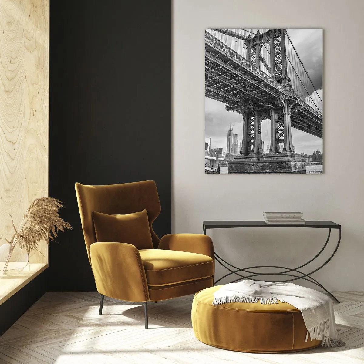 Quadro su vetro - Un ponte sospeso in un ambiente monocromatico - 50x70cm - Verso il cuore della città - Decorazione murale moderna per soggiorno e camera da letto ARTTOR