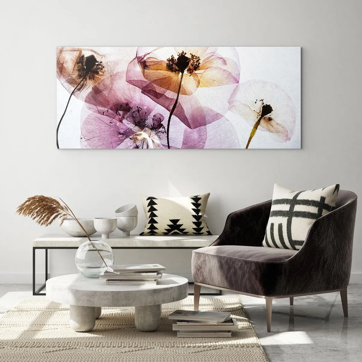 Quadro su vetro - Delicati fiori trasparenti in tonalità pastello - 140x50cm - Fiori trasparenti - Decorazione murale moderna per soggiorno e camera da letto ARTTOR