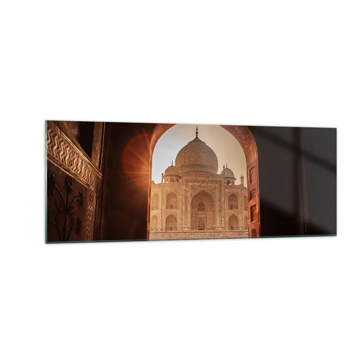 Quadro su vetro - Il Taj Mahal alla luce del sole visto dall'arco del cancello - 140x50cm - Monumento all'amore ultraterreno - Decorazione murale moderna per soggiorno e camera da letto ARTTOR