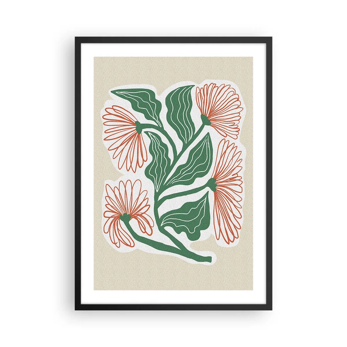 Poster in cornice nera - Motivo astratto di fiori e foglie su sfondo beige - 50x70cm - Folklore e modernità - Decorazione murale moderna per soggiorno e camera da letto ARTTOR