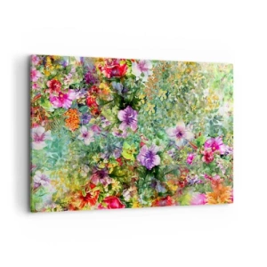 Quadro su tela - Stampe su Tela - Una composizione floreale colorata su uno sfondo verde - 100x70cm - Perdersi nei fiori - Decorazione murale moderna per soggiorno e camera da letto ARTTOR