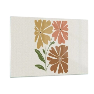 Quadro su vetro - Tre fiori stilizzati dai colori caldi su uno sfondo chiaro - 120x80cm - Natura e geometria - Decorazione murale moderna per soggiorno e camera da letto ARTTOR