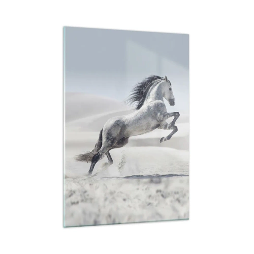 Quadro su vetro - Un cavallo bianco che salta sullo sfondo delle dune del deserto - 50x70cm - Il principe arabo - Decorazione murale moderna per soggiorno e camera da letto ARTTOR