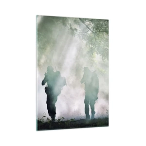 Quadro su vetro - Un gruppo di soldati in fumo, che camminano nella foresta, in piena allerta - 50x70cm - Uno per tutti… - Decorazione murale moderna per soggiorno e camera da letto ARTTOR