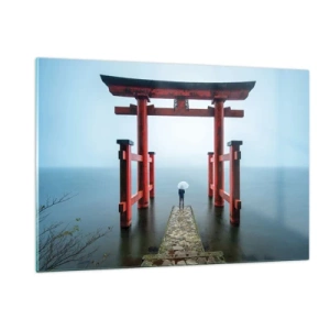 Quadro su vetro - Un torii rosso su acque calme in un ambiente nebbioso - 120x80cm - Meditazione giapponese - Decorazione murale moderna per soggiorno e camera da letto ARTTOR