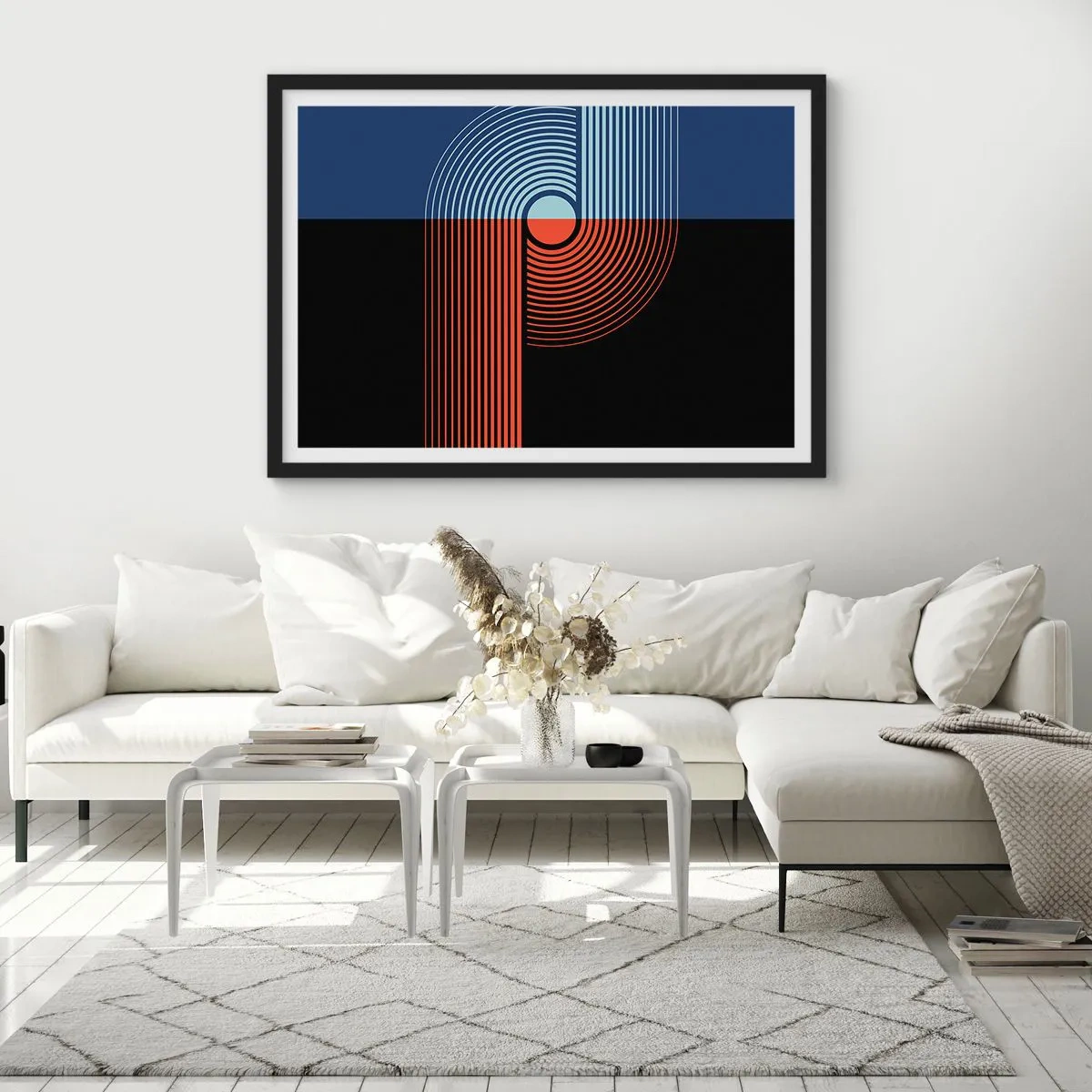 Poster in cornice nera - Astrazione geometrica con linee blu navy e arancione. - 70x50cm - Nell'abbraccio geometrico - Decorazione murale moderna per soggiorno e camera da letto ARTTOR
