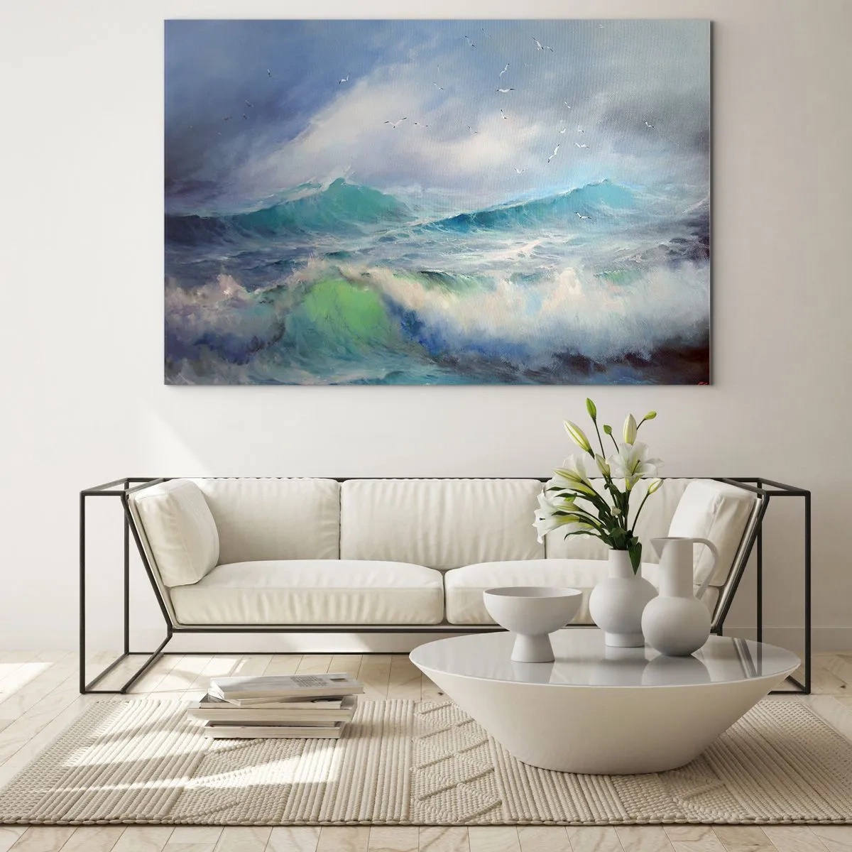 Quadro su vetro - Onde agitate dell'oceano con uccelli in un cielo nuvoloso - 70x50cm - Il turbine ululò di trionfo... - Decorazione murale moderna per soggiorno e camera da letto ARTTOR