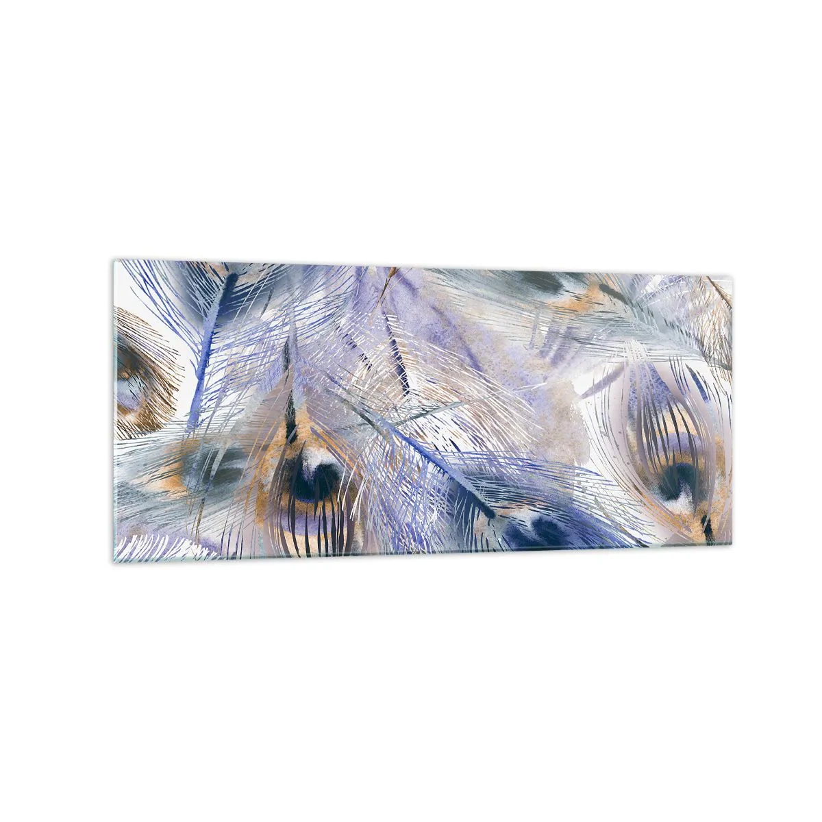 Quadro su vetro - Un motivo con piume di pavone nei toni del blu e dell'oro - 120x50cm - Composizione a occhio di pavone - Decorazione murale moderna per soggiorno e camera da letto ARTTOR