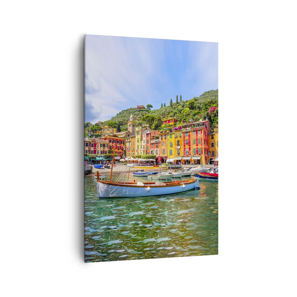 Quadro su tela - Stampe su Tela - Case a schiera colorate e barche in una città costiera italiana - 80x120cm - Mattino italiano - Decorazione murale moderna per soggiorno e camera da letto ARTTOR