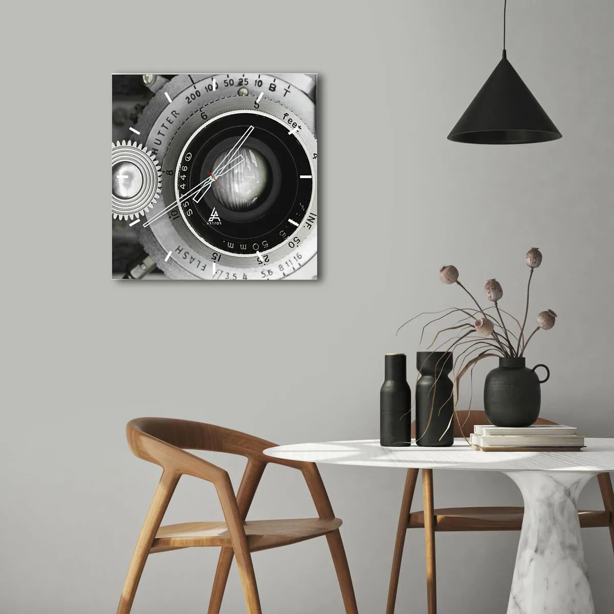 Orologio da parete - Orologio in Vetro - L'obiettivo di una vecchia macchina fotografica - 30x30cm - Racconto su Hollywood - Decorazione murale moderna per soggiorno e camera da letto ARTTOR
