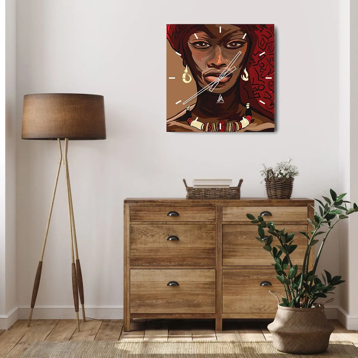 Orologio da parete - Orologio in Vetro - Ritratto di una donna con un turbante rosso su sfondo beige - 30x30cm - Venere di ebano - Decorazione murale moderna per soggiorno e camera da letto ARTTOR